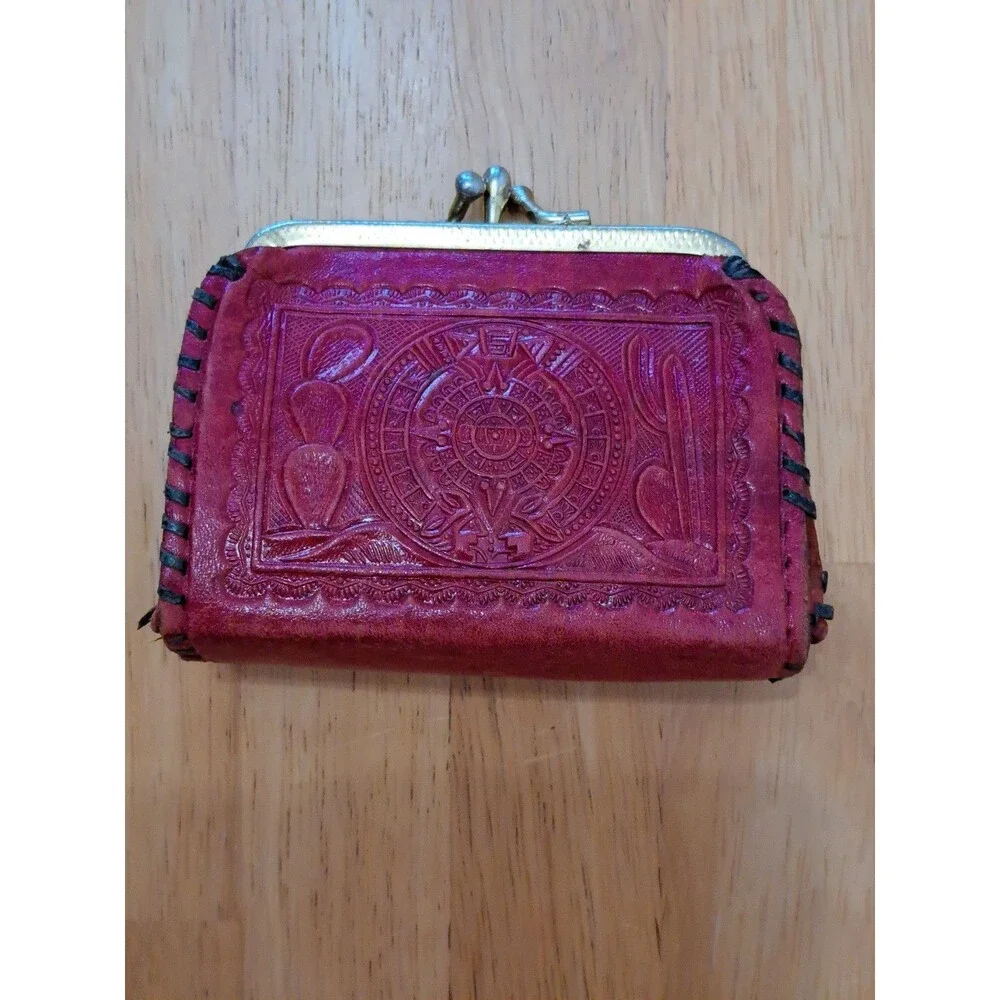 Vintage Red Tooled Leather Coin Purse Mexican Aztec Mayan Kiss Lock FLAWS